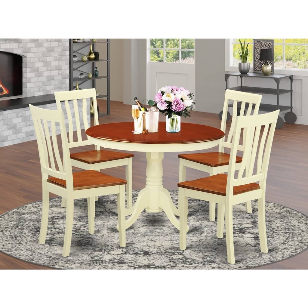 HomeStock 5-Piece Buttermilk and Cherry Finish Solid Wood Top Dining table with 4 Chairs with Lattice Back