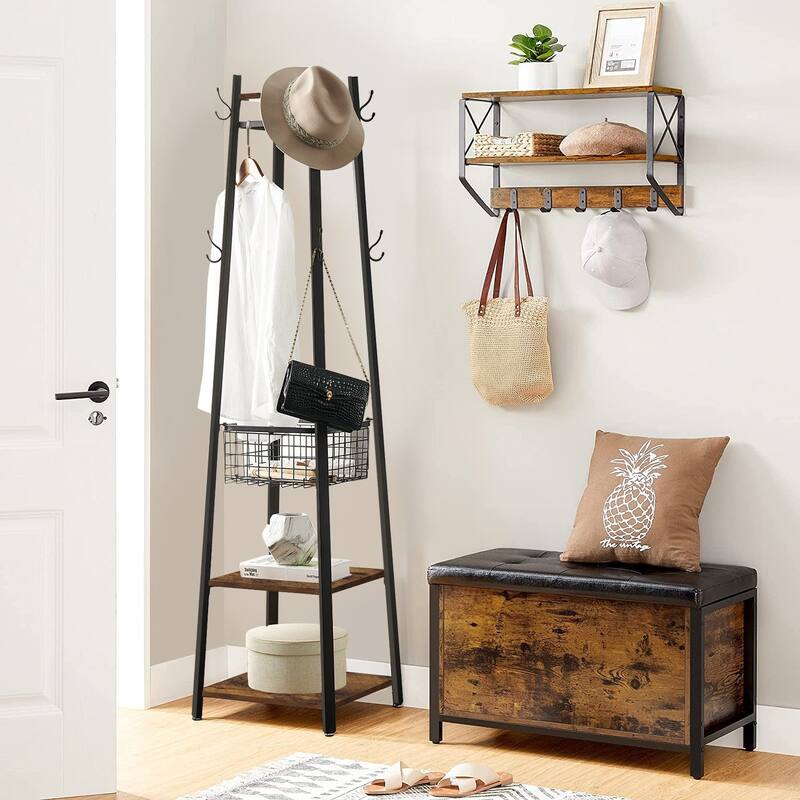 Javlergo Coat Rack with Deep Metal Basket, 2-tier Shelves & 8 Dual Hooks