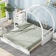 preview thumbnail 1 of 30, Twin Size House Bed Vaulted Roof Bed with Stretchable Trundle & Fence, Unique Adjustable Grounded Bed Twin to King Bed Frame White - Twin