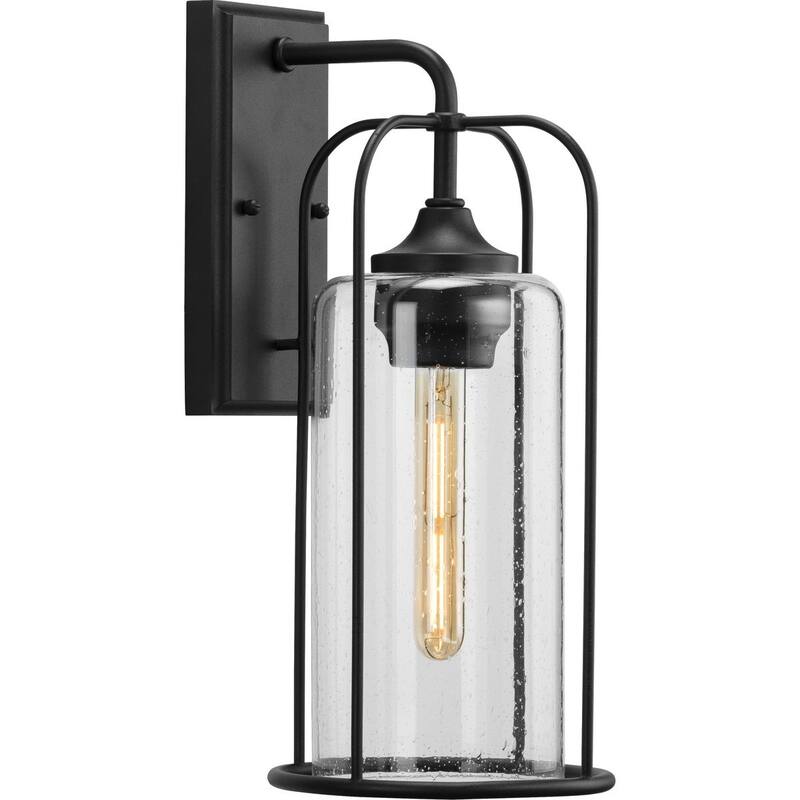Watch Hill Collection One-Light Textured Black and Clear Seeded Glass Farmhouse Style Medium Outdoor Wall Lantern - 7.5 in x 8.75 in x 17 in
