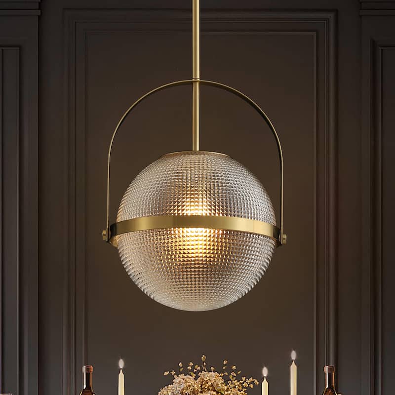 1-Light Modern Industrial Black Metal/Gold Pendant Light with Textured Glass Globe Shade for Kitchen Island Dining Room