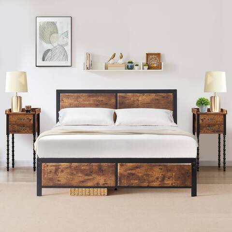 Taomika 3-pieces Bedroom Set Bed and Nightstands Set of 2,Rustic Brown