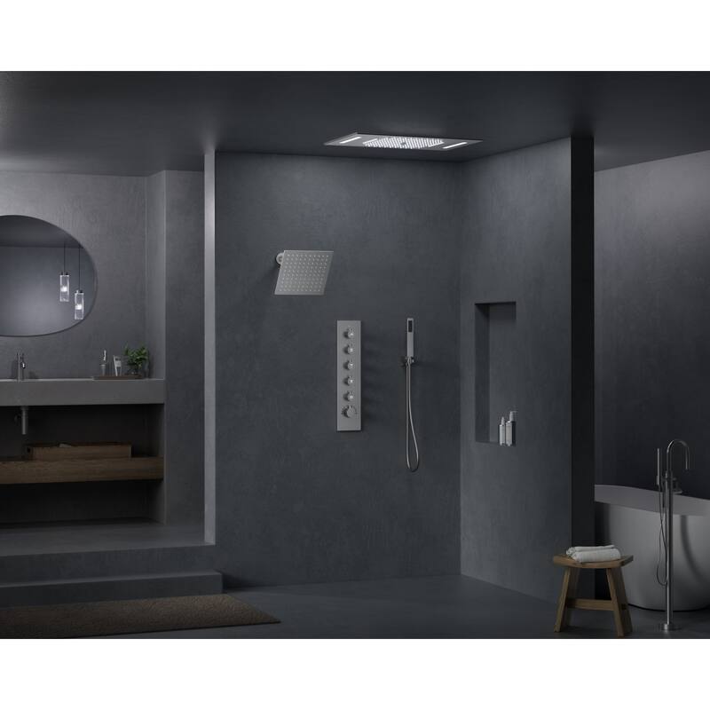 GRANDJOY Dual Shower Heads System with 3 Spray Modes 22"*15" Ceiling and 6" Wall Mount Body Jets Handheld Spray LED Music