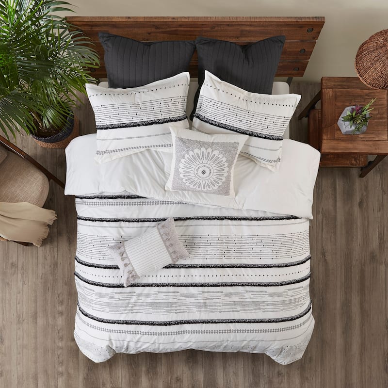 INK+IVY Nea Cotton Printed Duvet Cover Set with Trims - Black/White - King - Cal King