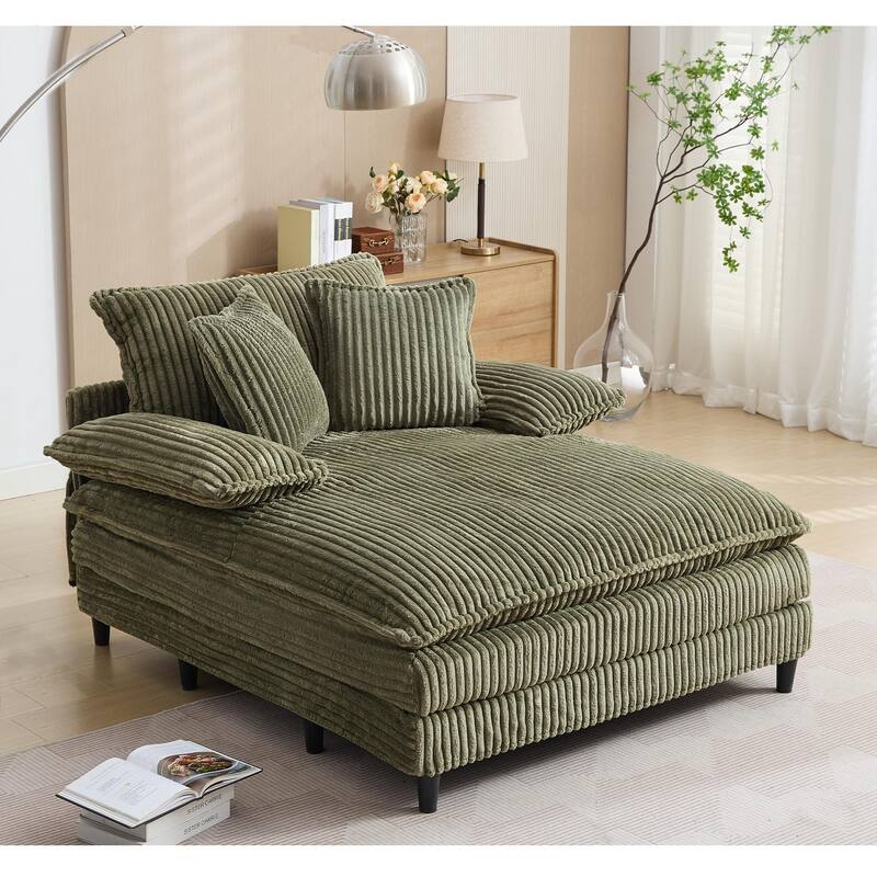 Oversized Corduroy Chaise Lounge Chair, Adjustable 4-Gear Reclining Sleeper Sofa Bed, Living Room Deep Seat Leisure Sofa Chair