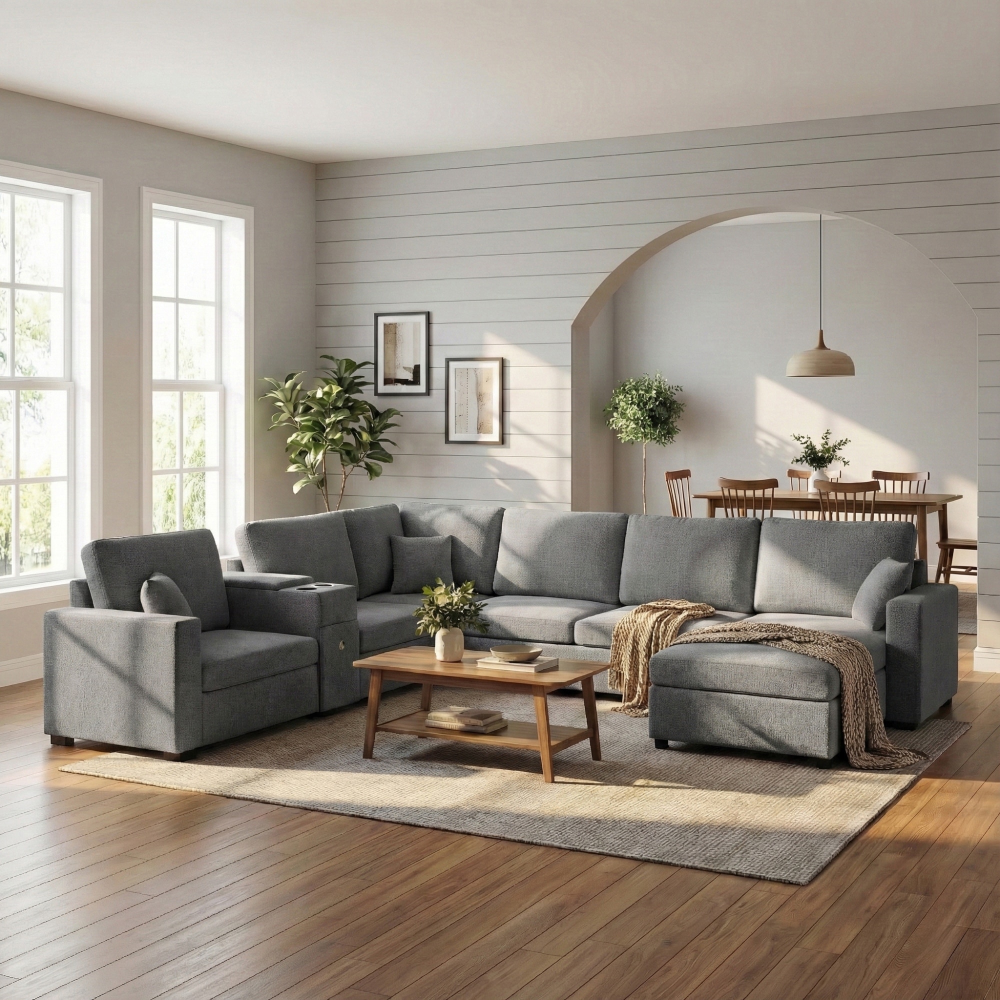 Modern 5-Seat Modular U-Shaped Sectional Sofa with Chaise, Storage Drawer, Built-In Cup Holders and Throw Pillows