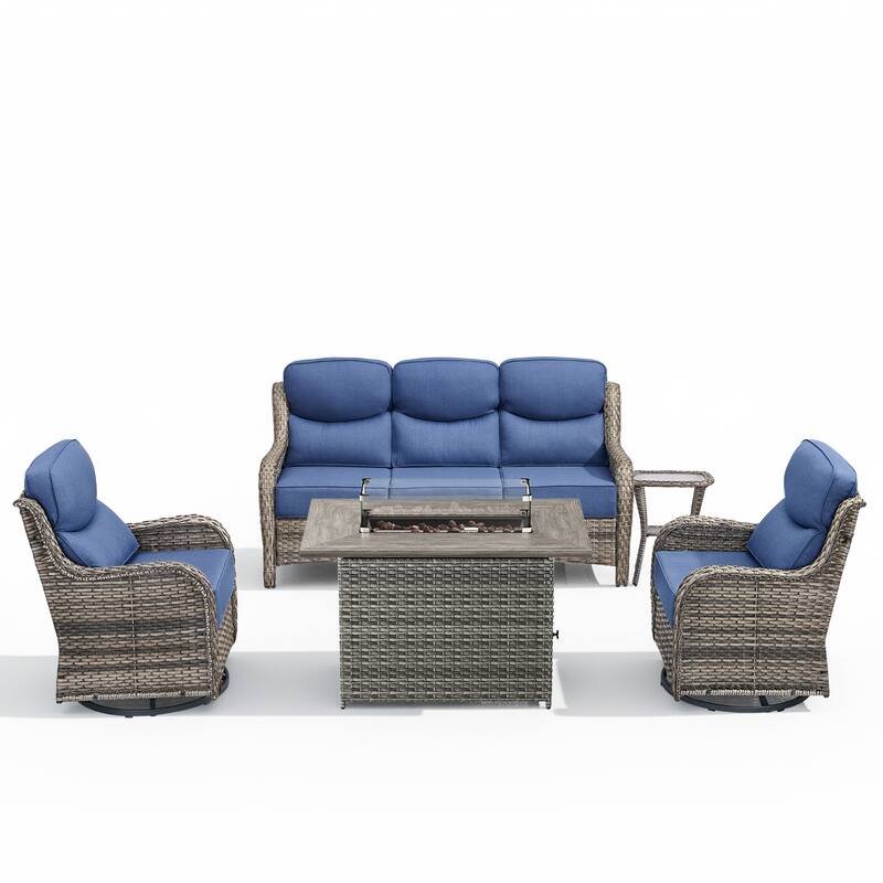 Meyreso 7-Piece Wicker Outdoor Patio Fire Pit Conversation Set with 6-Inch Thick Cushions