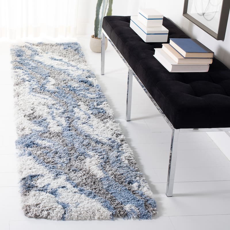 SAFAVIEH Horizon Shag Mukades Abstract 2.5-inch Thick Rug - 2' x 8' Runner - Grey/Blue - Runner