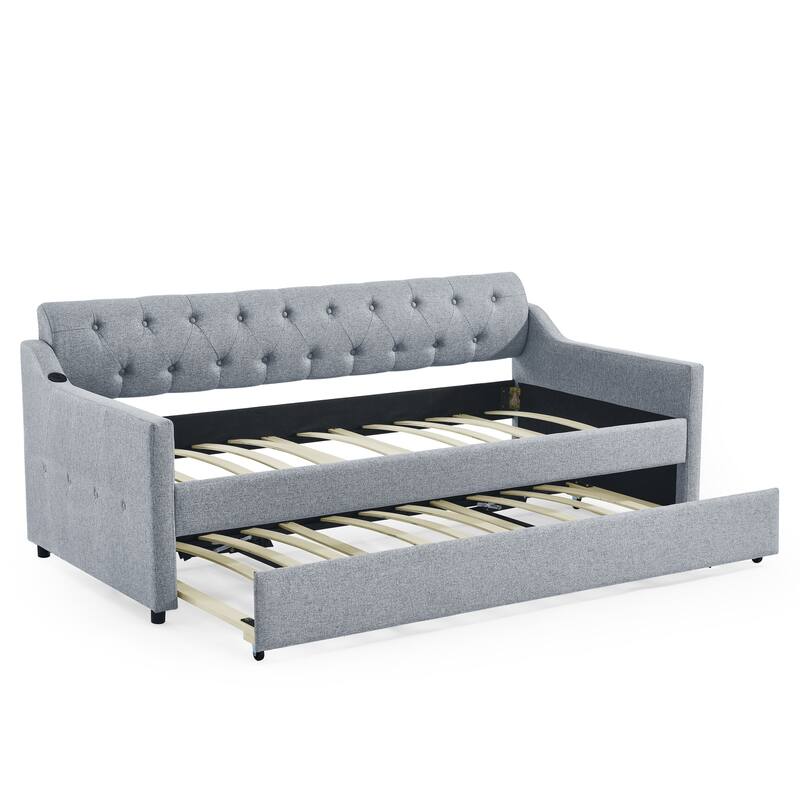 Twin Size Upholstery DayBed with Twin Size Erectable Trundle and USB Charging Design