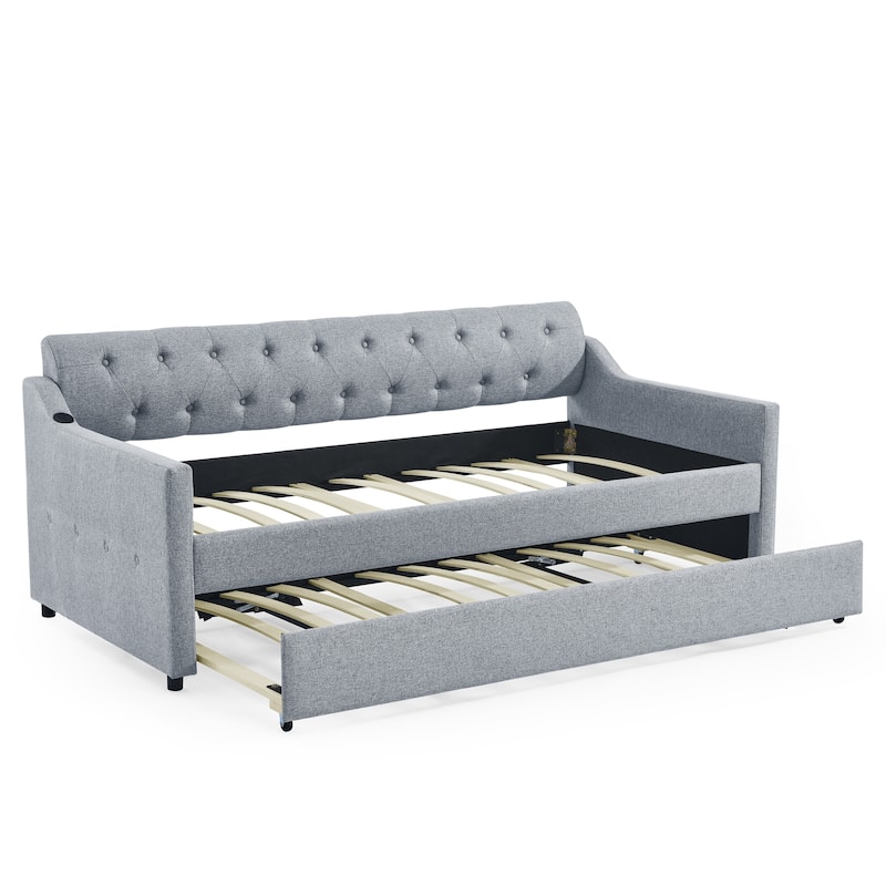 Upholstery DayBed with Twin Size Erectable Trundle and USB Charging Design