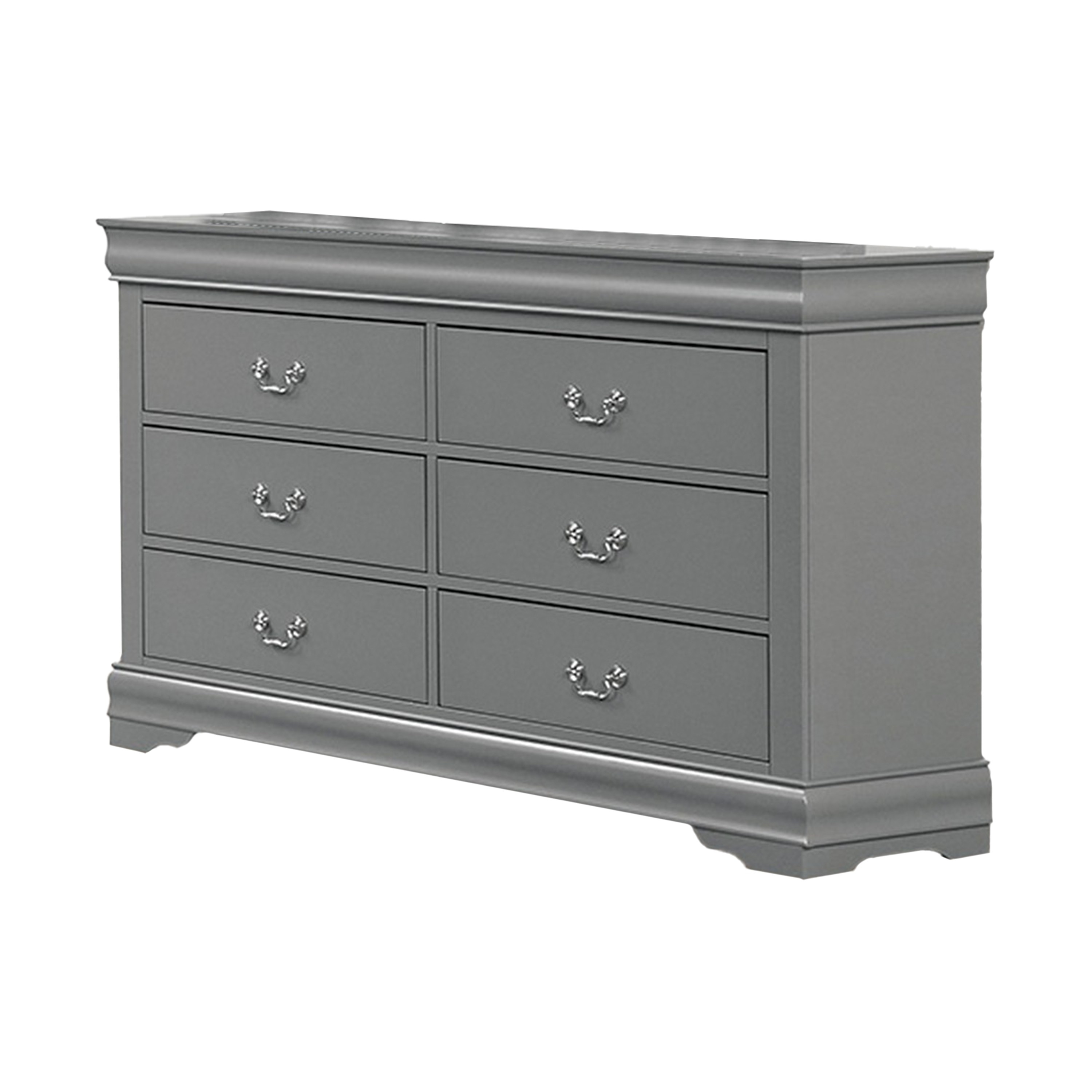 Ryla Wide Dresser, 6 Drawers, Nickel Metal Handles, Light Gray Solid Wood