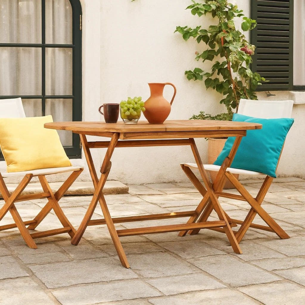 Outdoor Folding Dining Table, Slatted, X Legs, 63 Inch Brown Wood - Natural Brown