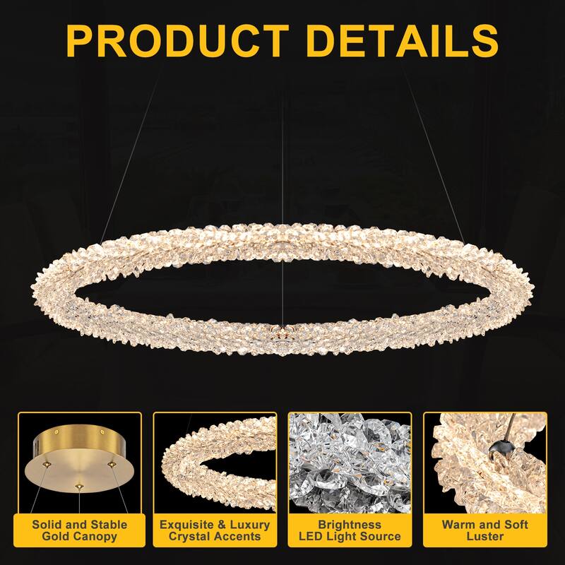 Modern Gold Crystal LED Chandelier, Dimmable Ring Light
