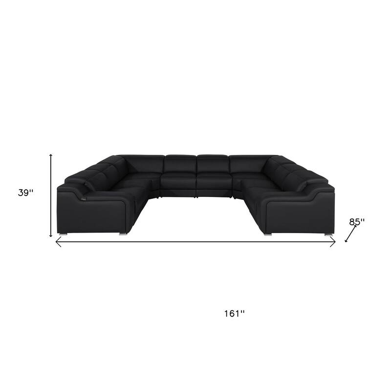 HomeRoots Black Italian Leather Power Reclining U Shaped Eight Piece Corner Sectional With Console
