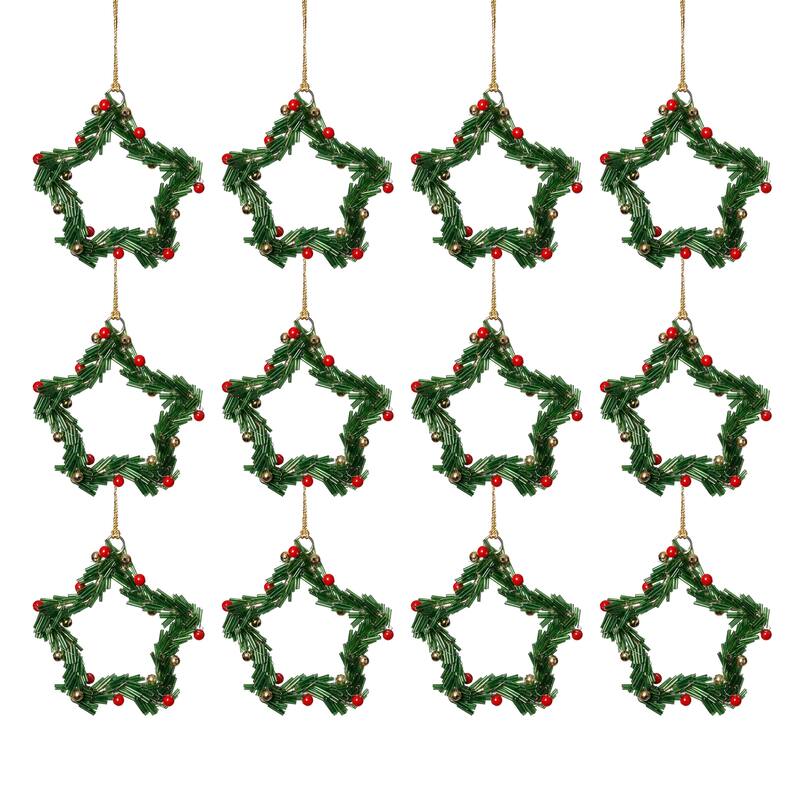Festive Beaded Christmas Star Hanging Ornaments with Red Berries, Set of 12, 4"