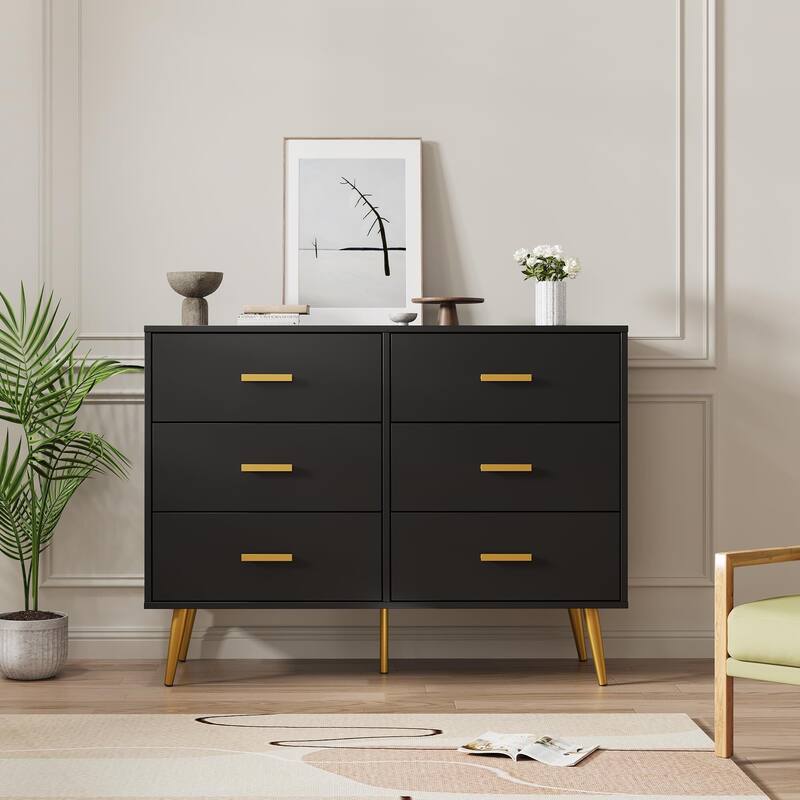 Modern Wooden 6 Drawer Dresser with Vintage Pattern Design - Black_6-drawer - 6-drawer