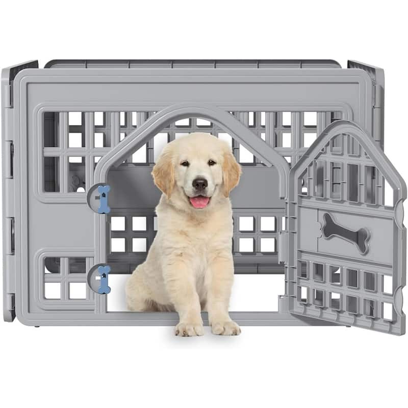 4 Panel Dog Playpen with Door,Thickened Material,Resin Dog Play Pen for Small and Medium Dogs,Portable for Easy Transportation - grey - Assembly Required