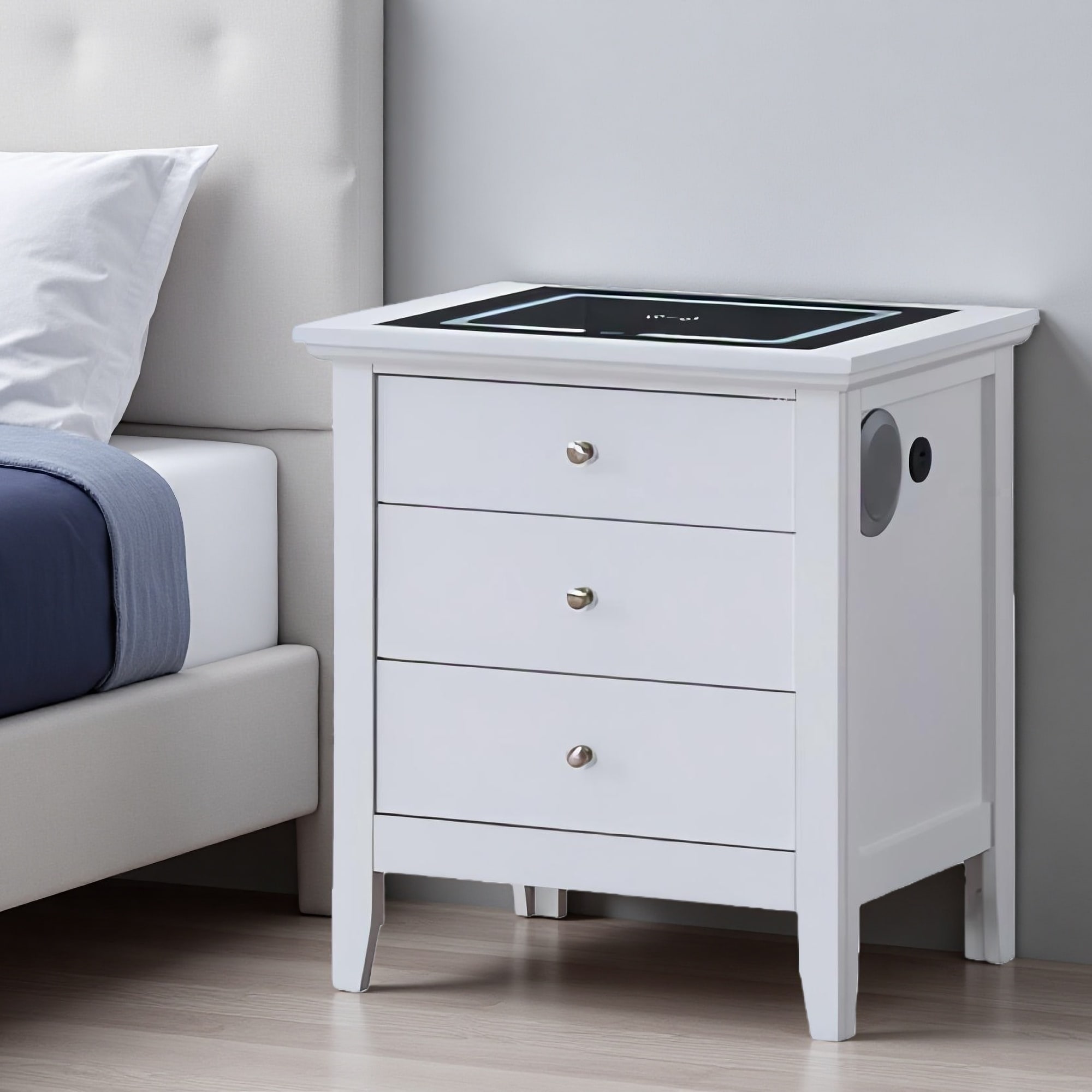 24"L Wood Nightstand with USB & Conductive Charging, Built-In Speakers, Three Dovetail Drawers, Nickel Handles Bedside Table