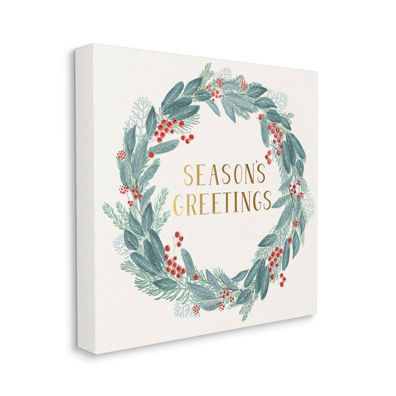 Stupell Winter Foliage Red Holly Wreath Season's Greetings Typography Canvas Wall Art - Green - 30 x 30
