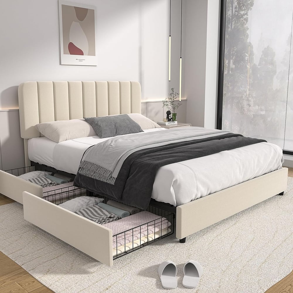 VECELO Bed Frame with 4 Storage Drawers Upholstered Platform Bedframe with Adjustable Headboard