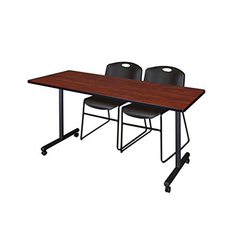 66" x 24" Mobile Training Table- Cherry & 2 Stack Chairs- Black