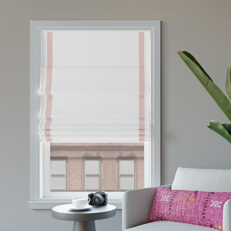 Sun Zero Hailey Pink Ribbon Border Total Blackout Cordless Roman Shade - 27" x 64" - Pink/White