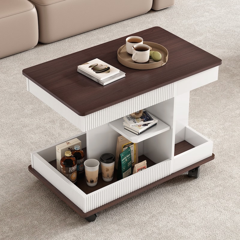 Modern Multifunctional Sofa Side Table with Lift-Top - White