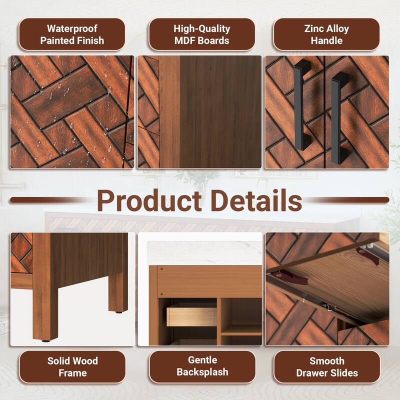 84" Freestanding Bathroom Vanity with Engineered Stone Top, Ceramic Double-Sink, Built-In Power Outlet, and Hair Dryer Storage