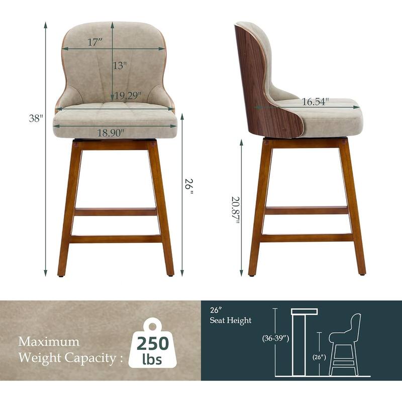 XINMICS 26 Inches Counter Height Bar Stools, Swivel PU Leather Bar Stools with Bentwood Backs, Set of 2/3 - N/A