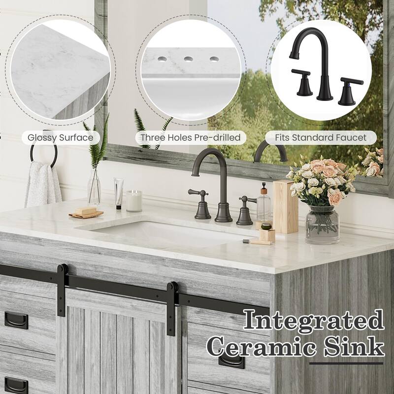 EROMMY Farmhouse Bathroom Vanity with Ceramic Top and Sliding Barn Door Sink Cabinet