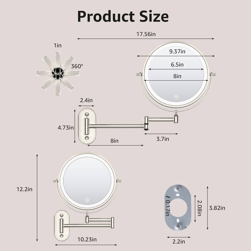 Yulika Rechargeable Lighted Wall Mounted Makeup Mirror with 3 Color Lights Double Sided 1X/10X or 1X/7X