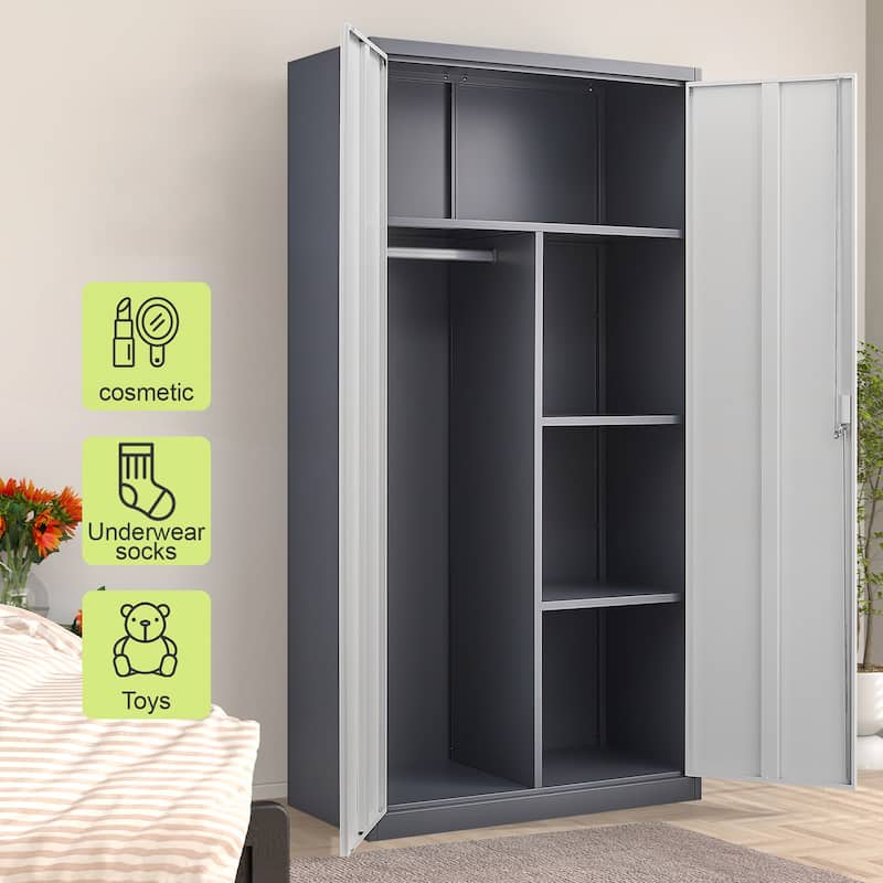 Gray Metal Large-Capacity Wardrobe with Hanging Rod and Locks for Bedroom and Living Room