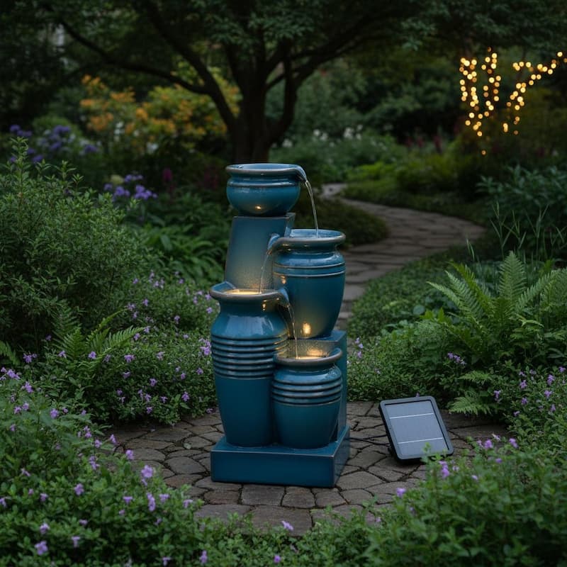 Teamson Home 28.74" 4-Tier Outdoor Fountain with LED Lights, Solar Powered, Weather-Resistant Faux Stone for Garden & Patio