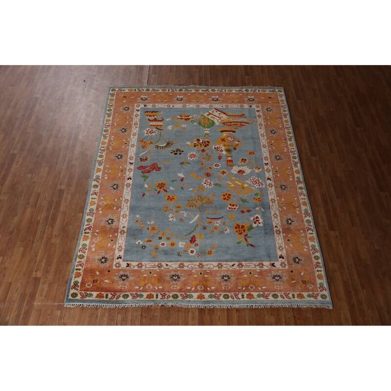 Hand Knotted Oriental 100% Wool Carpet Traditional Floral Navy Blue & Blues Art Deco Area Rug - 9' 9'' X 7' 10''