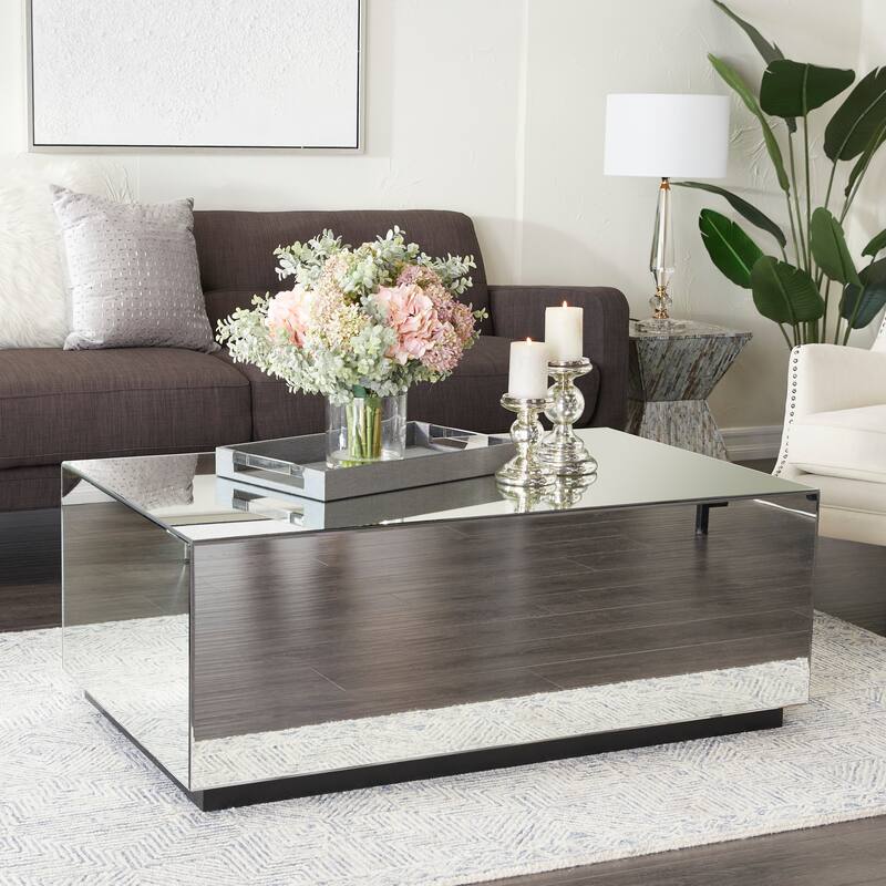 Silver Glass Mirrored Rectangle Living Room Coffee Table with Elevated Base - Silver