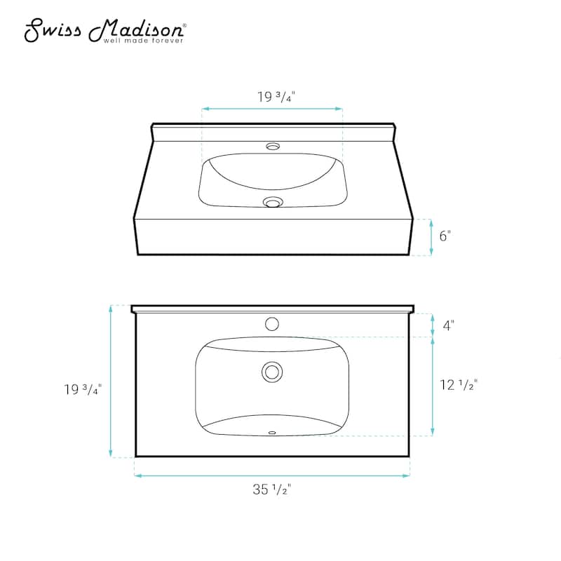 Vicenza 36'' Wall Mount Sink In Storm Grey - 35.45" x 19.7" 7.9"