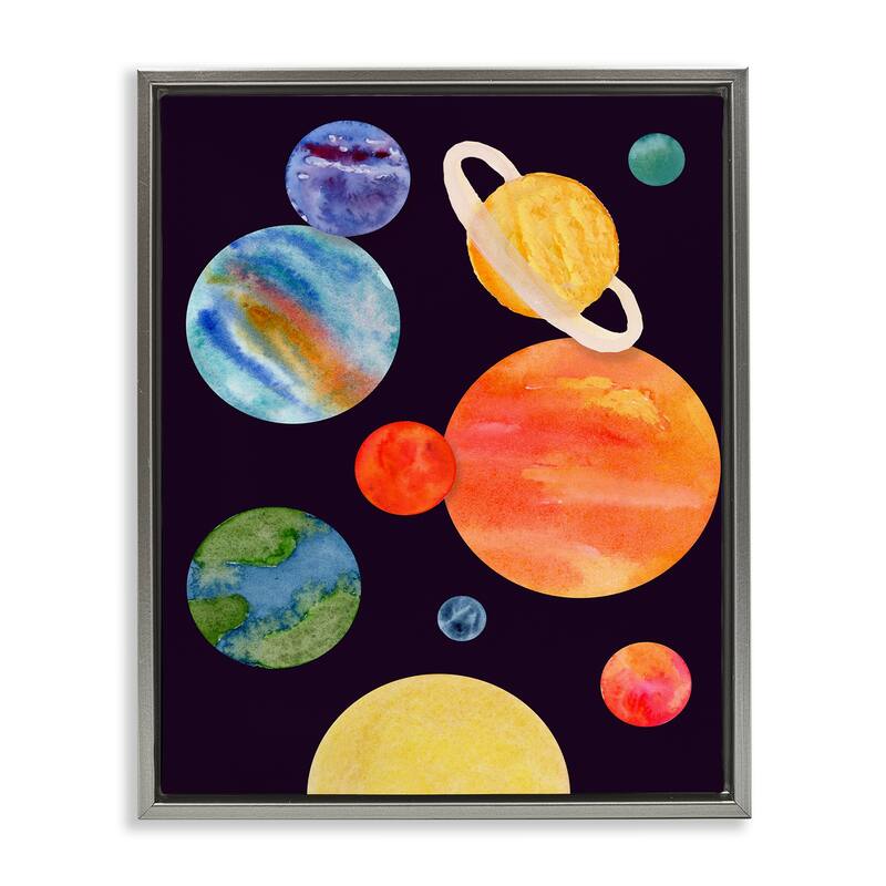 Stupell Watercolor Planets on Black Framed Floater Canvas Wall Art Design By Corinne Rose Designs - 17 x 21 - Grey