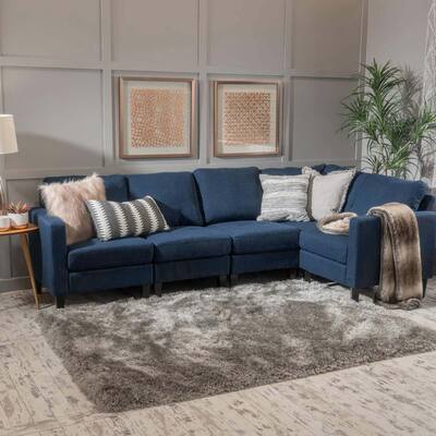 5-Piece Navy Blue L-Shaped Sofa Set, Wooden Legs, Modern Living Room Chairs
