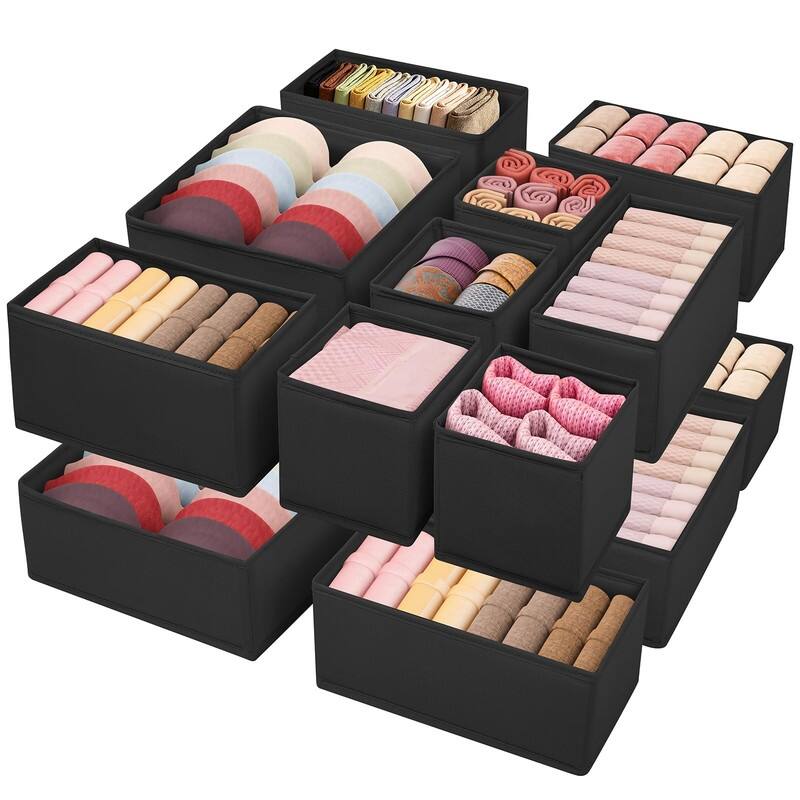 16-Pack Fabric Drawer Organizers - 3 Sizes for Clothes & Underwear - Black