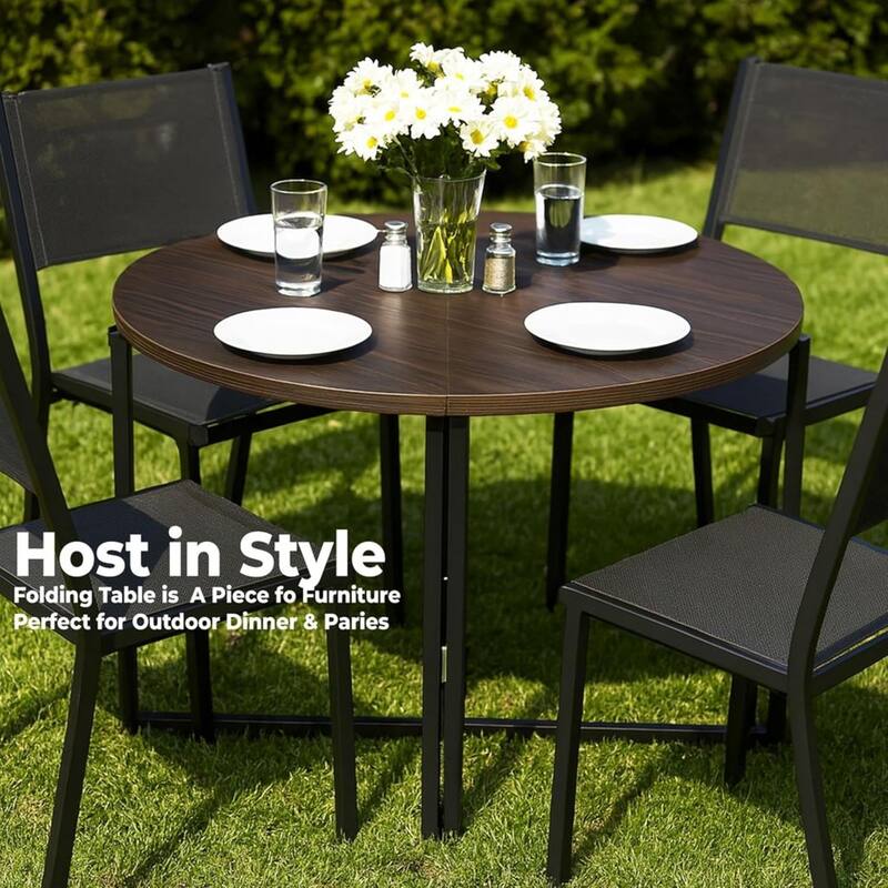 Chocolate Foldable Round Trifold Table 35" Space-Saving Multi-Use