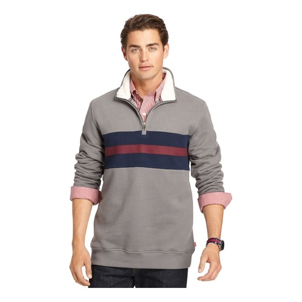 IZOD Mens Quarter-Zip Striped Sweatshirt, Grey, Small. Opens flyout.