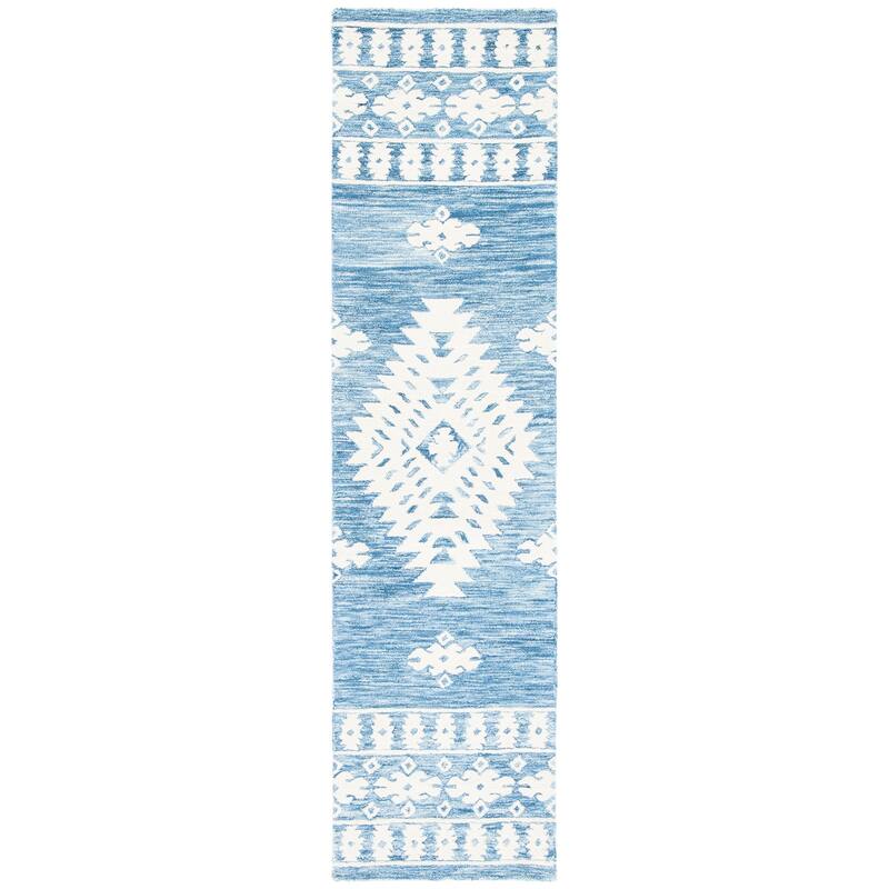 SAFAVIEH Handmade Aspen Nusreta Rustic Boho Wool Rug - 2'3" x 9' Runner - Blue/Ivory