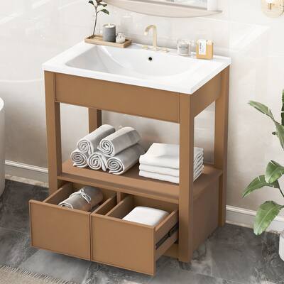 30-Inch Bathroom Vanity with Sink, Open Shelf, Two Drawers, Solid Wood, Modern Brown Finish