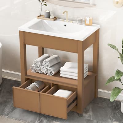 Modern 30-Inch Bathroom Vanity with Ceramic Sink, Open Storage Shelf, and Two Drawers, Brown