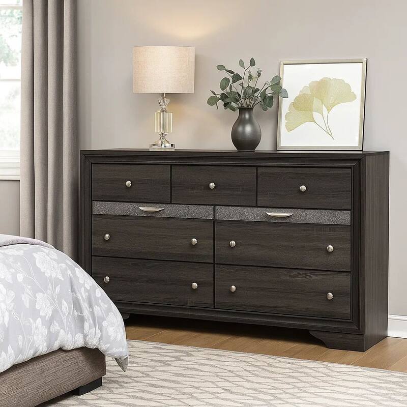 Wooden Dresser with 7 Drawers and 2 Jewelry Drawer, Gray and Silver