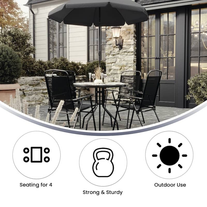 Nantucket 6 Piece Patio Garden Set with Table, Umbrella and 4 Folding Chairs