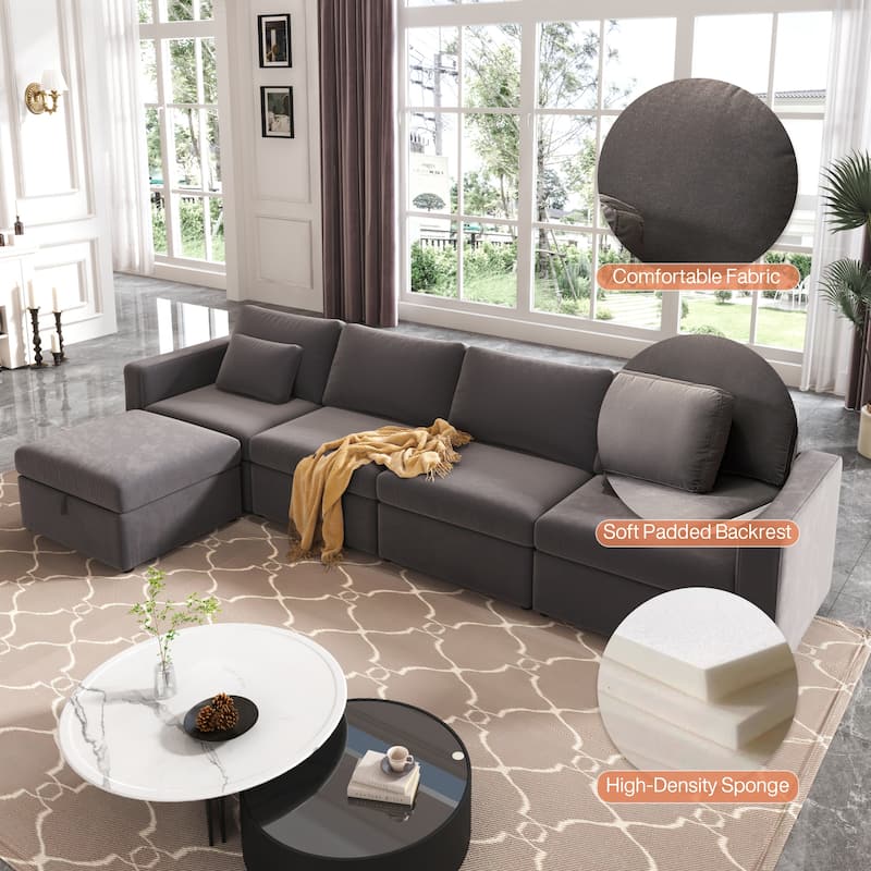 Modern Cotton Linen L-Shape Sectional Sofa, Oversized Upholstery Sectional Sofa, Chaise Couch with Storage Ottomans for Living R - N/A