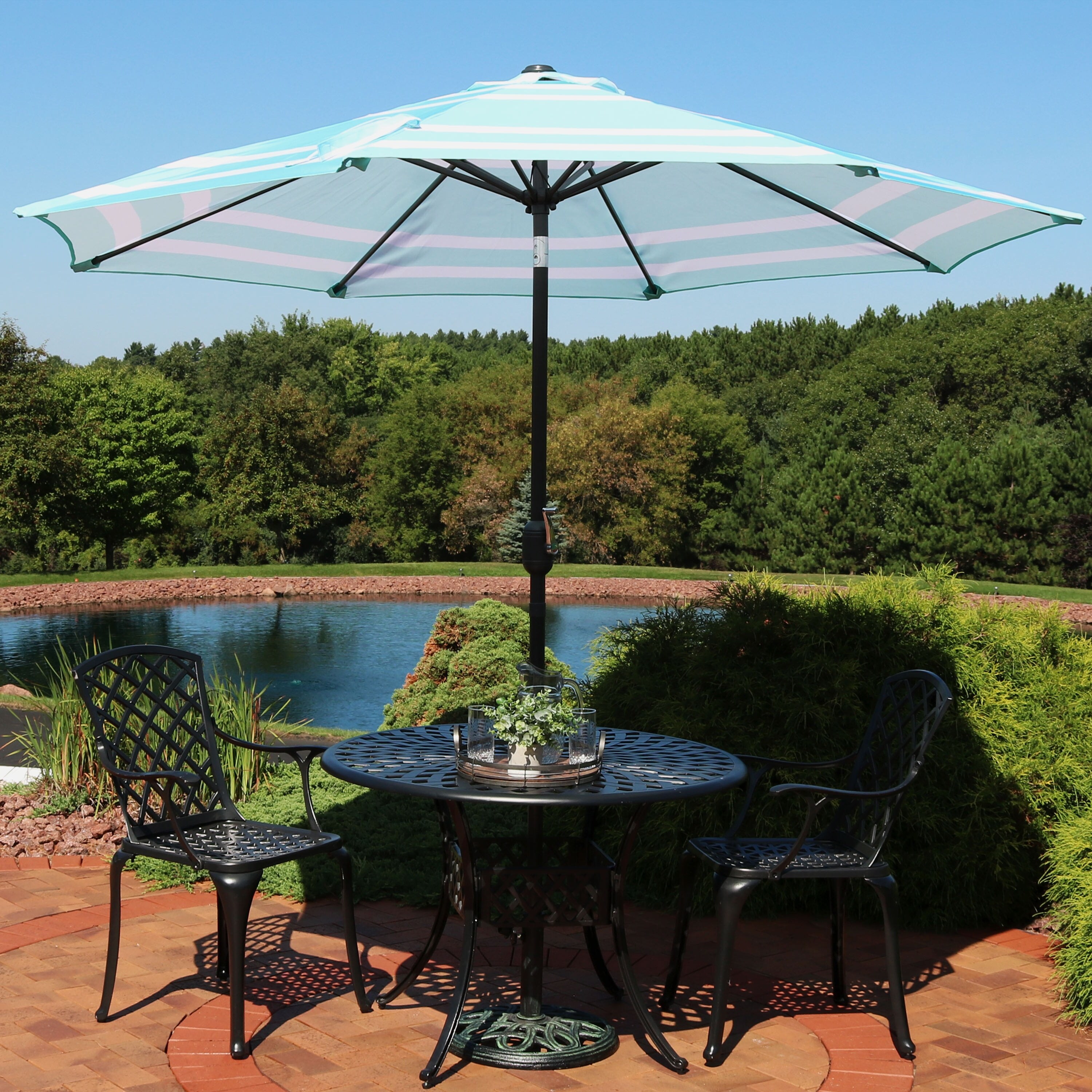 Shop Black Friday Deals On Sunnydaze 9 Outdoor Patio Umbrella With Push Button Tilt Crank Teal Stripe 9 Ft Overstock 24010753