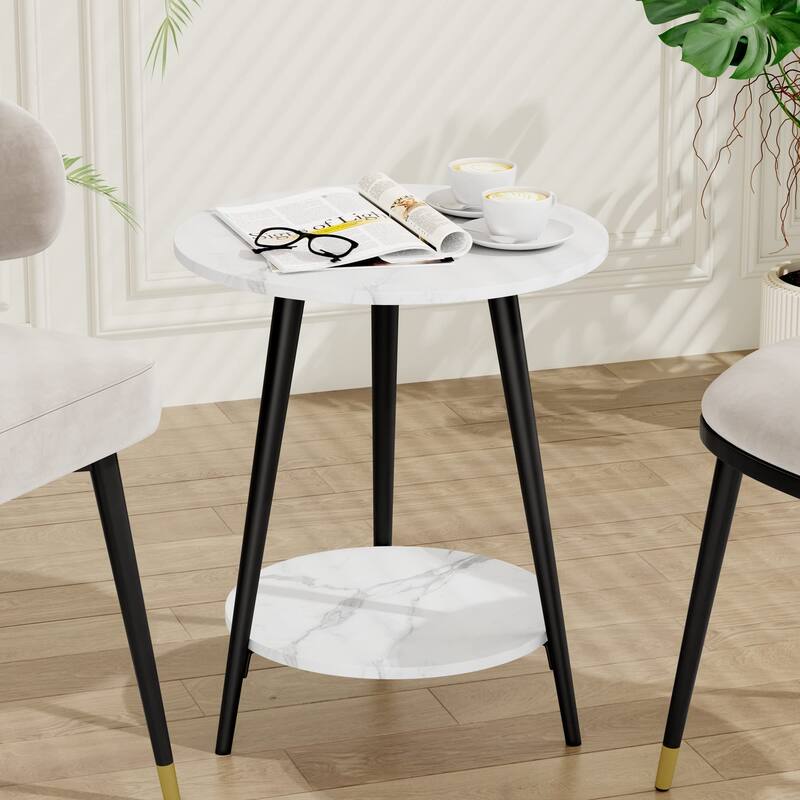 Round End Table Modern White Side Table for Living Room Bedroom Nightstand Accent Table with 2-Tier Faux Marble Wood Top