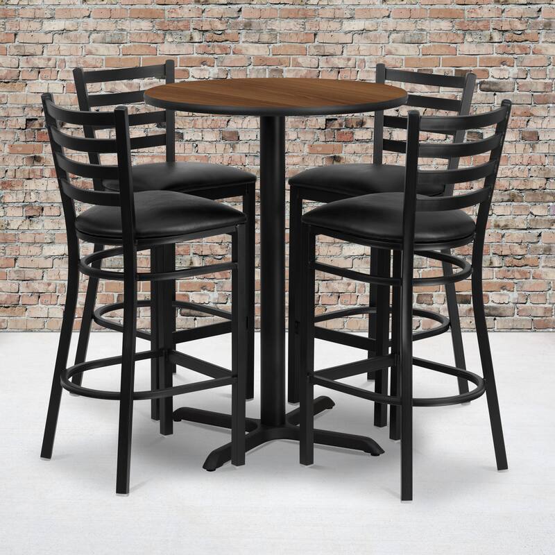 30'' Round Laminate Table Set with X-Base and 4 Ladder Back Metal Barstools